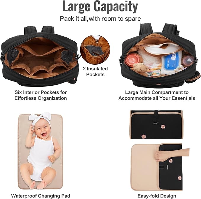 Diaper Bag Backpack, Medium Maternity baby bag & Changing Pad, Insulated Pockets, Stroller Straps & Pacifier Case (Medium - Black Flowers)
