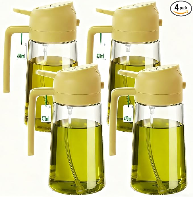 4 Pack 16oz/470 ml Olive Oil Dispenser Bottle 2 in 1 Clear Glass Oil Sprayer and Container Refillable Vinegar Dispenser with Automatic Cap Portable Spray Bottle for Cooking Baking Orange