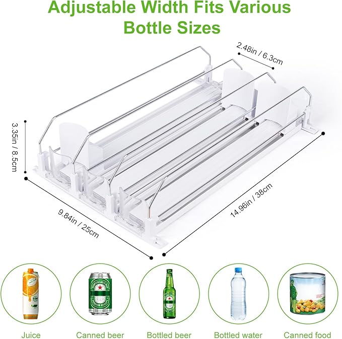 Drink Organizer for Fridge, Refrigerator Can Organizer, White Automatic Pusher Glide Drink Dispenser for Fridge, Soda Bottle holder for refrigerator, Holds up to 15 Cans, 3 Row
