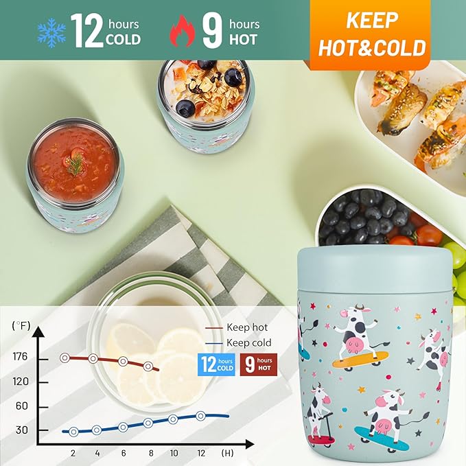 Charcy 9oz Stainless Steel Vacuum Insulated Kids Food Jar - Soup Thermo for Hot & Cold Food - Cyan Dairy Cow