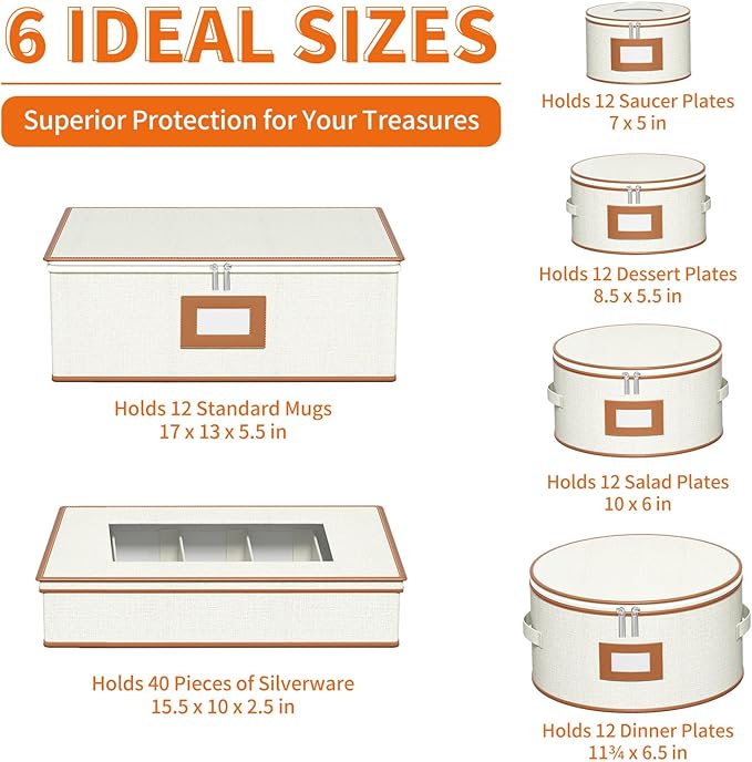 Aokeyee China Storage Containers- 6 Piece Set Hard Shell Moving Box for Dishes, Plate, Mugs, Cup, Silverware, Flatware, Saucers, Dinnerware, Sturdy Quilted Organizer with Soft Dividers, Handles, Ivory