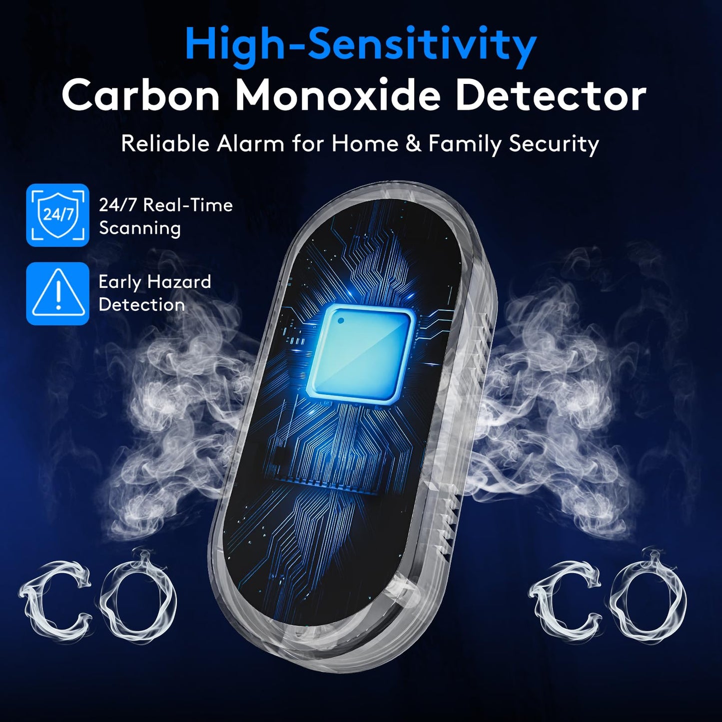 3-in-1 Carbon Monoxide Detectors with Temp & Humid, Plug in, 85dB Audible & Visual CO Alarm, LCD Digital Display, Easy to Install,Test Button, Portable for Bedroom/Office/Camper, Gives Peace of Mind