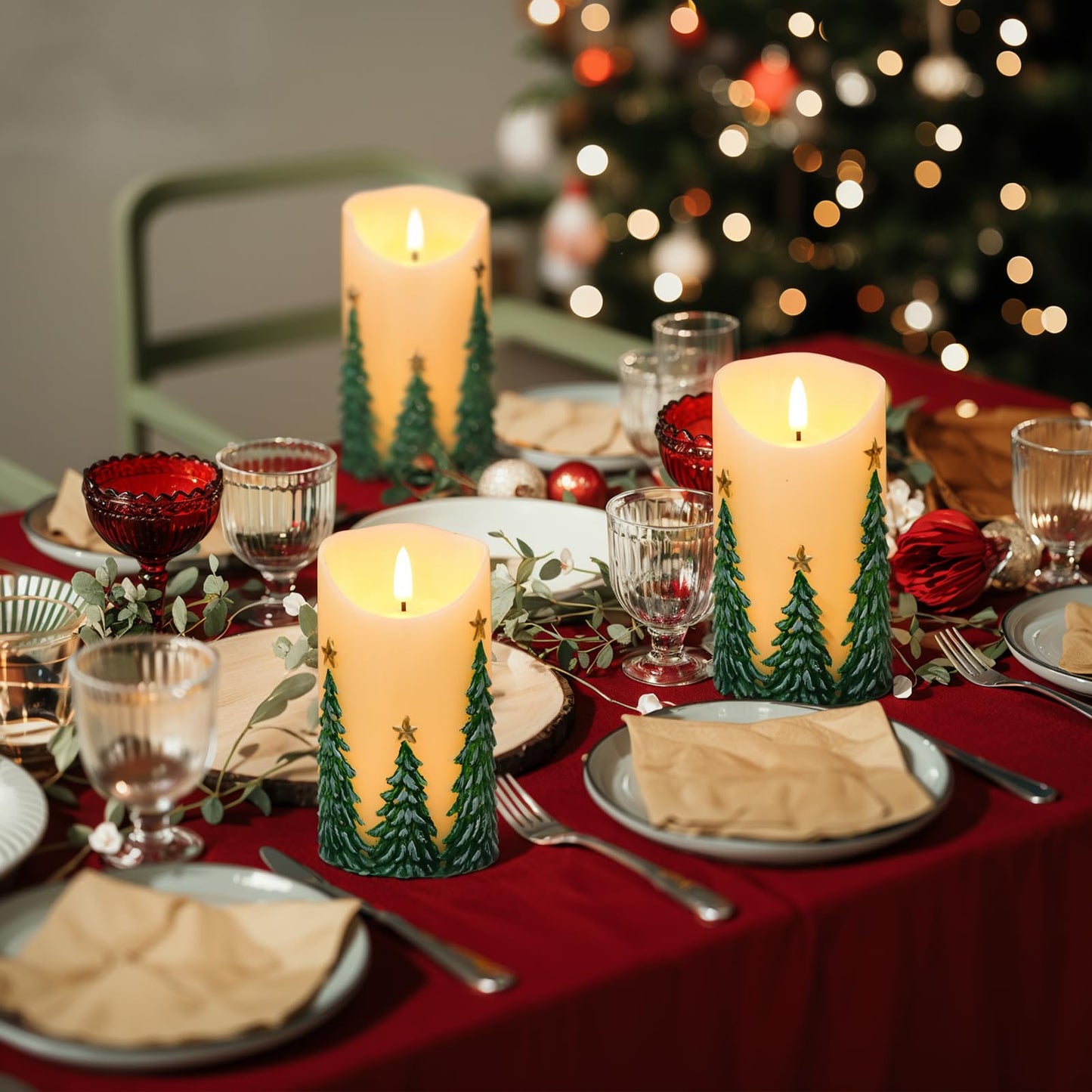 Wondise Christmas Flameless Candles with Timer, Battery Operated Flickering 3D Wick Real Wax Christmas Tree Candles for Christmas Holiday Indoor Decoration, Set of 2, Ivory(D3 x H5.7 Inch)