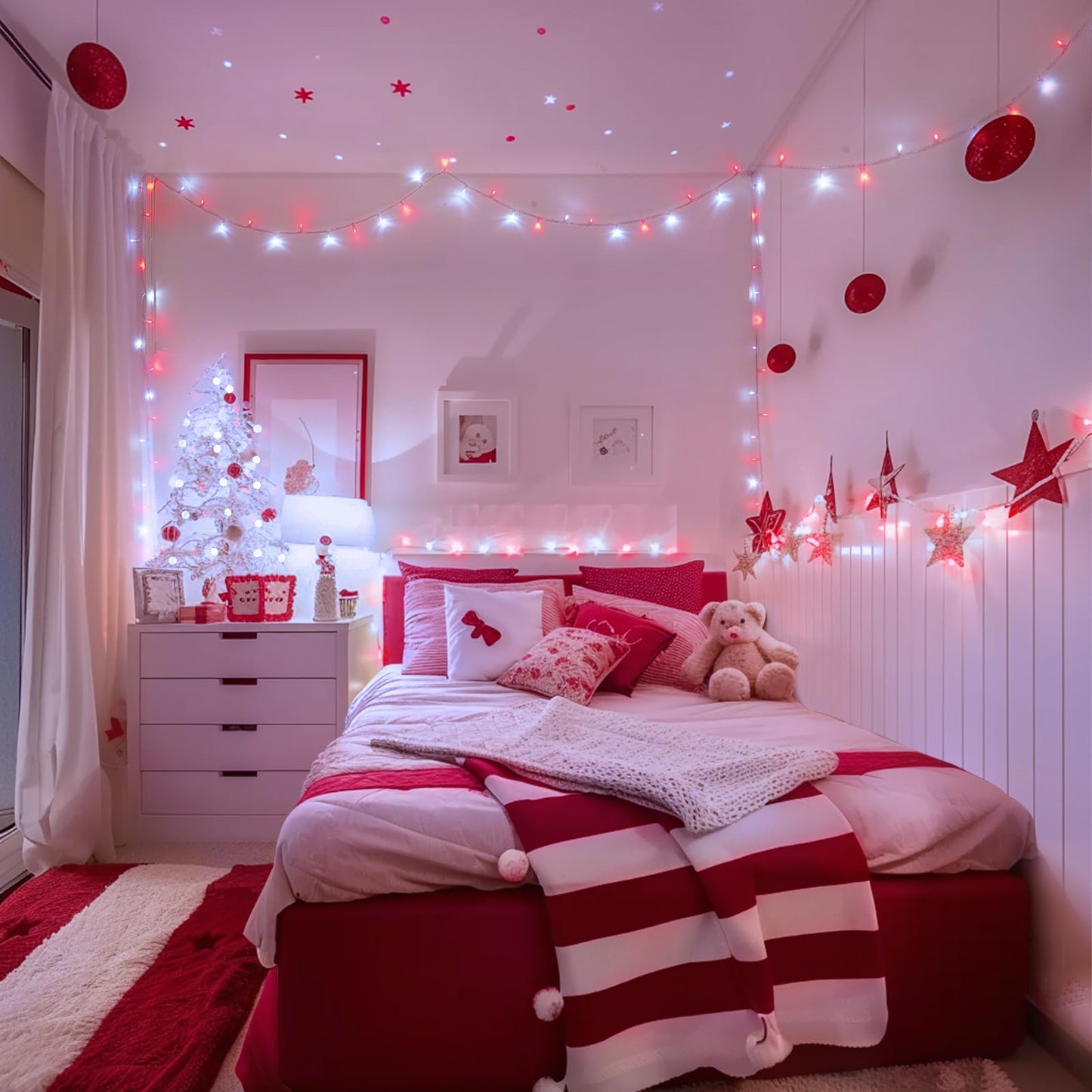 JMEXSUSS 132ft LED String Lights, Red and White, 400 Lights, Remote Control, 8 Modes, Indoor/Outdoor Christmas Decorations