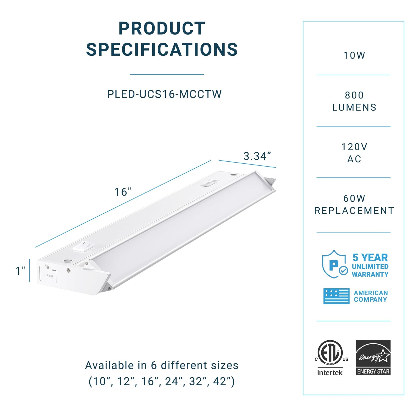 Parmida LED Swivel Under Cabinet Light, 16 Inch, 10W, Dimmable, 3CCT Color Selectable, White, Model PLED-UCS16-3CCT