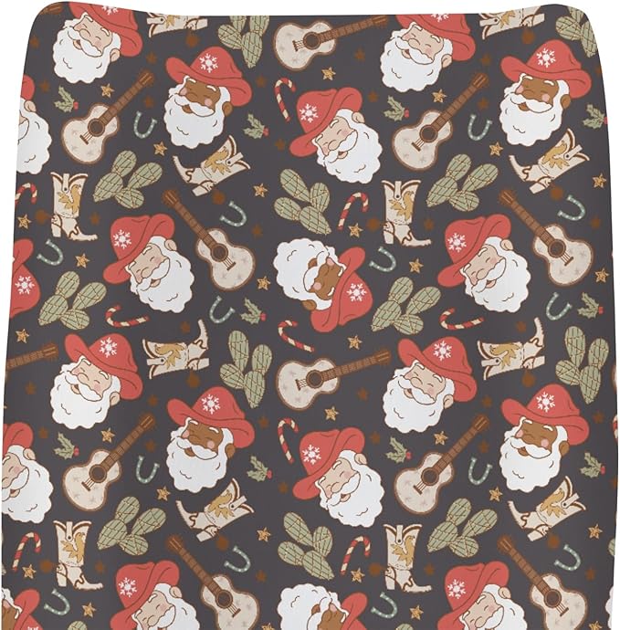 Christmas Western Cowboy Santa Baby Changing Pad Covers for Boy Girl Country Santa Cactus Boots Guitar Fitted Changing Table Mats Winter Holiday Festive Soft Diaper Change Table Sheets 32''×16''