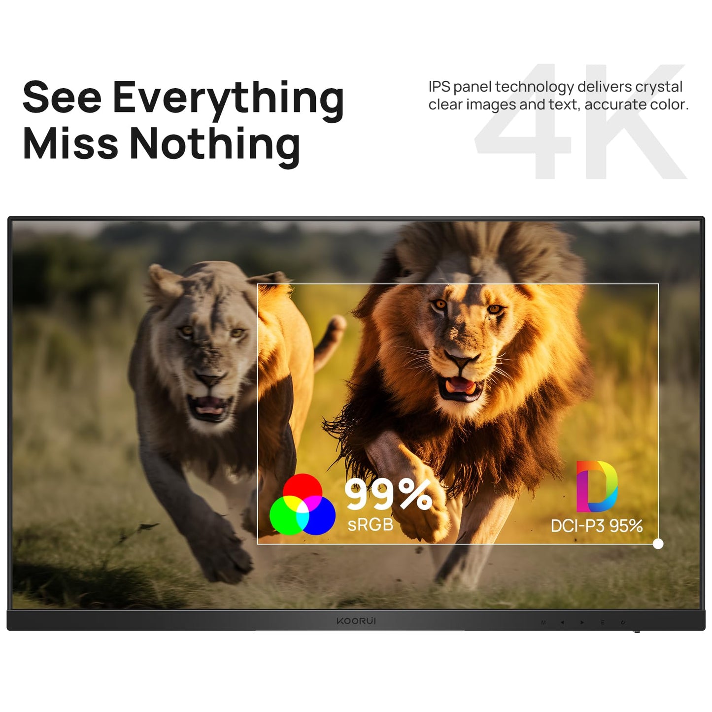 KOORUI 27 Inch 4K Monitor Computer UHD(3840 * 2160) IPS Display, 99% sRGB, 95% DCI-P3, 1.07 Billion Colors, Freesync & G-sync, Displayport & 2X HDMI, VESA 100 * 100mm, Tilt -5 to 20°, Audio Out (N07)