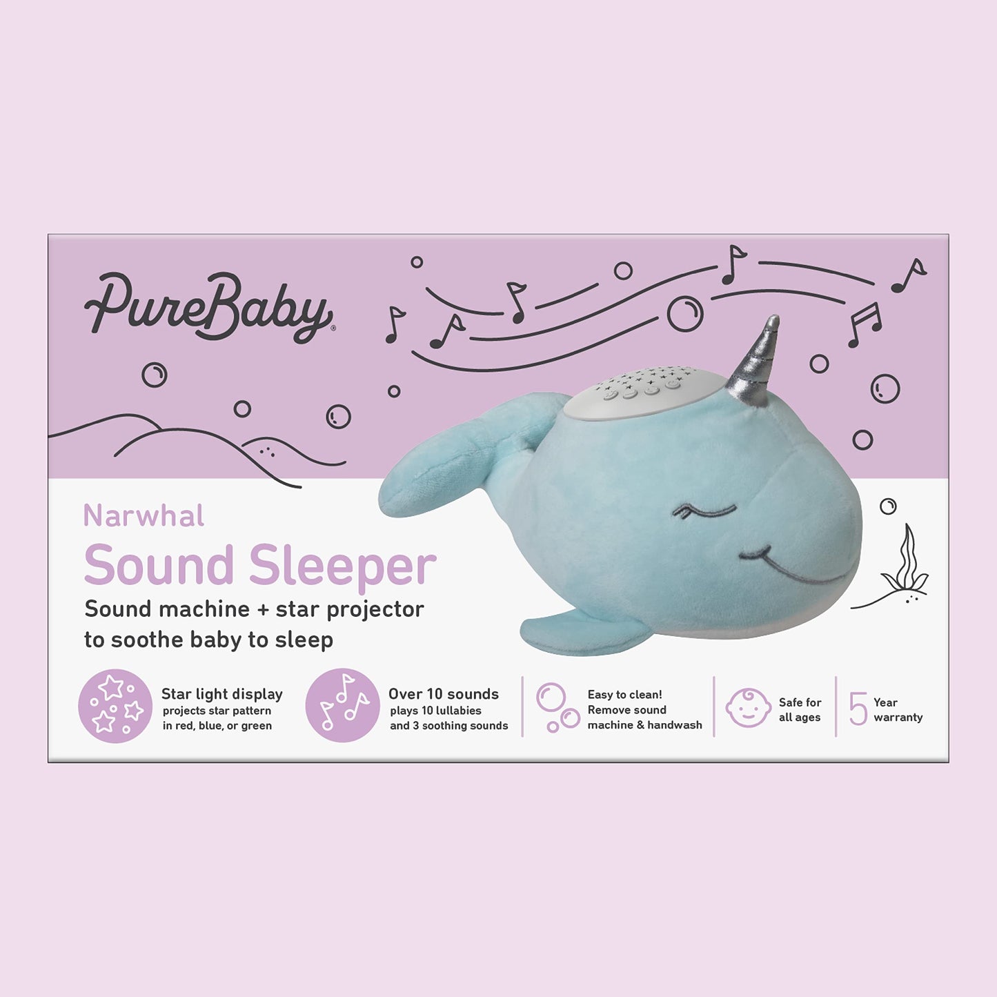 PureBaby Sound Sleepers Portable Sound Machine & Star Projector - Plush Sleep Aid for Baby and Toddlers with Soothing Night Light Display, 10 Lullabies, White Noise, and Heartbeat Sounds (Narwhal)