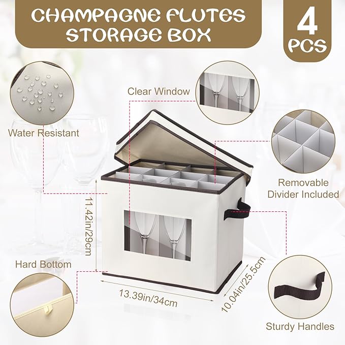 Uiifan 4 Pcs Champagne Flute Storage Box with Dividers 12 Compartment Stemware Storage Cases China Container Box with Lid, Handles, PVC Window for Moving, Beige