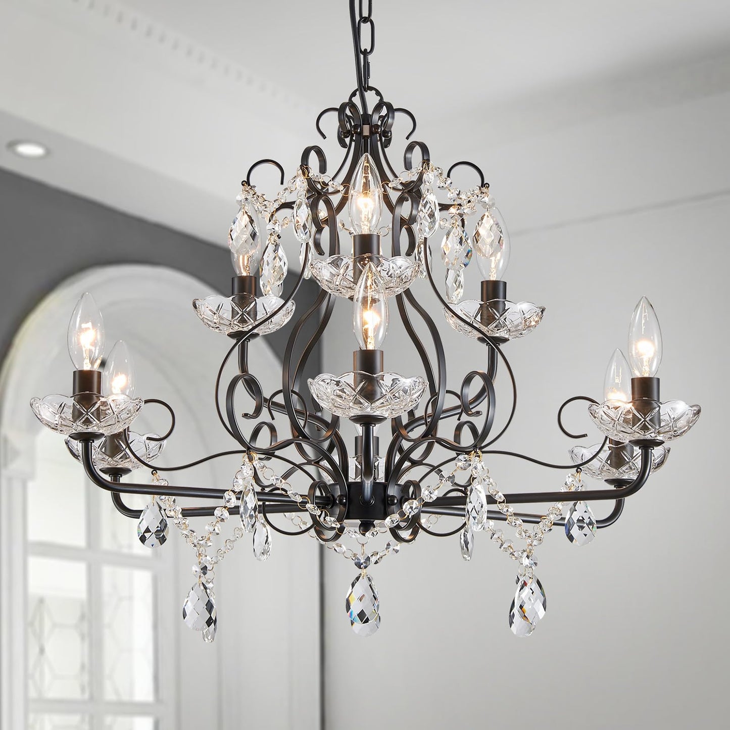 Wuzups 9-Light Crystal Candle Chandelier Pendant Flushmount Ceiling Light Modern Lighting Fixture For Bedroom Hallway Bar Kitchen Bathroom  H 18.1 X W 25.6  Black  E12 Base