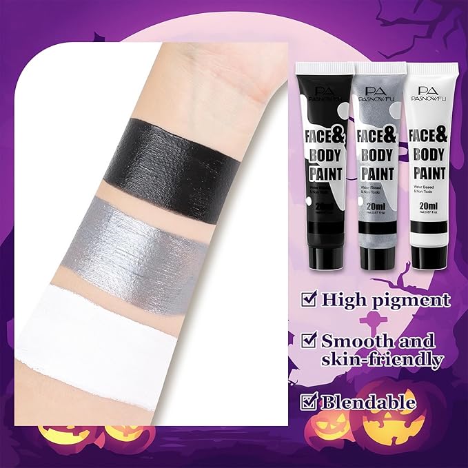 Black White Silver Face Paint - Water-Based Non-Toxic Face Body Paint Kit for Vampire White Tiger, Full Coverage Washable Formula for Halloween Cosplay, Costume Parties，Stage Performances
