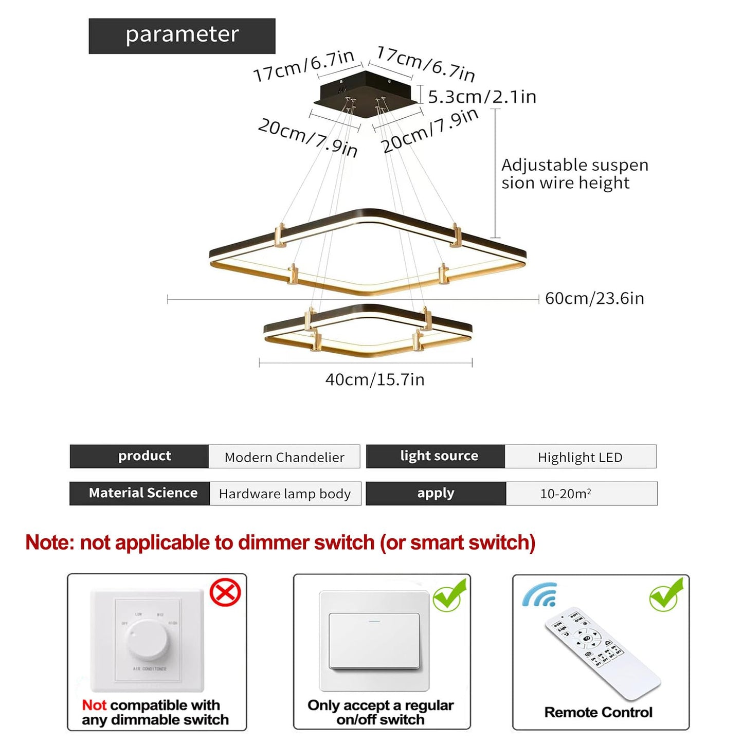 Siittoo Modern Black Chandelier Dining Room Light Fixture  96W Dimmable Led Modern Pendant Light  2-Ring Rectangular Chandelier Hanging Light Fixture For Kitchen Island Living Room Hall  F=24+16