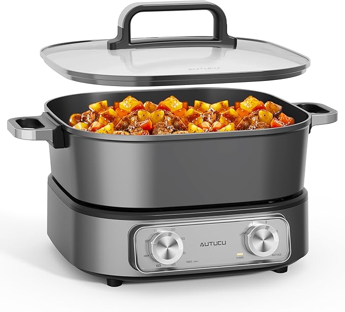 Electric Skillet 6-Quart Hot Pot Nonstick - PFOA-Free Ceramic Coating Pot, 1600W, Timer & 3 Power Settings for Steak, Egg, Ramen