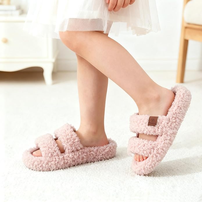 Youecci Girls Fuzzy Slippers-Soft Open Toe Slippers with Memory Foam & Arch Support, Dual-Strap Warm Comfy Home Slides Indoor House Shoes