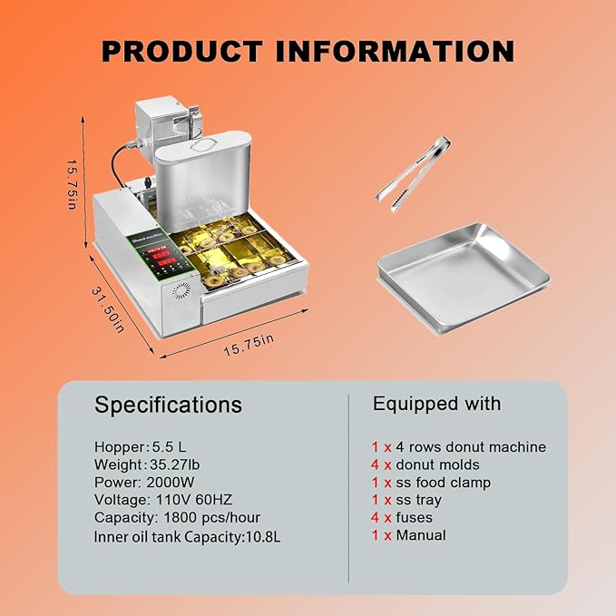 4 Rows Donuts Commercial Frying Donuts Maker, Automatic Mini Donut Maker Machine, Doughnut Maker, For Restaurant, Bakery, Party, Dessert Shop, 1750 Pcs/hour