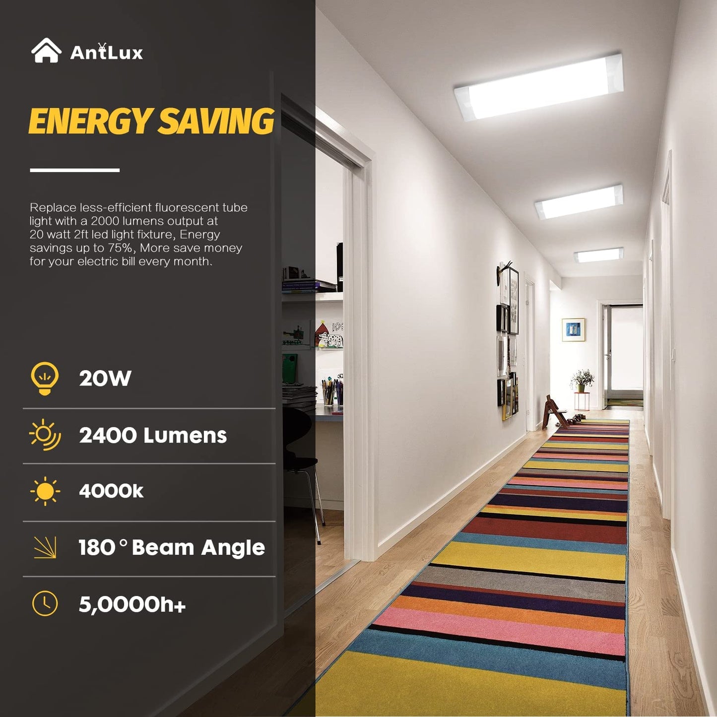 Antlux 2Ft Led Wraparound Light, 20W 2400Lm, 4000K Aluminum Ceiling Fixture For Kitchen, Laundry, Garage - Model Al-2Ft4Kw-