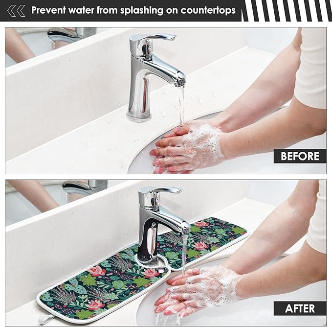 Kitchen Faucet Absorbent Mat,Succulent Plants Cactus Water Splash Guard for Sink, Faucet Drip Catcher Thicken Sponge Microfiber Faucet Water Catcher Mat Sink Absorbent Mat for Kitchen 14x5in 2Pack