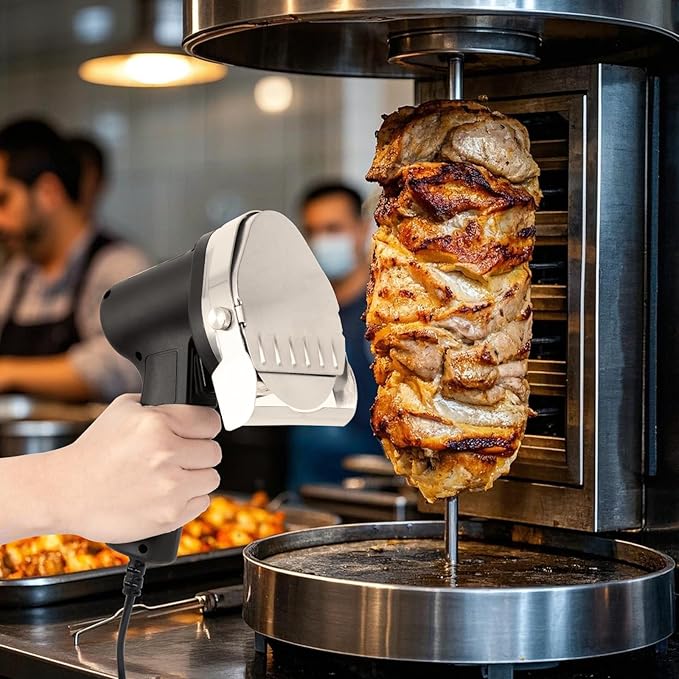 Electric Kebab Knife 80W Commercial Shawarma Turkish Knife Slicer Gyro Cutter 2800 RPM with 2 Blades Adjustable Thickness 0-8mm（Strip Line，Flat）