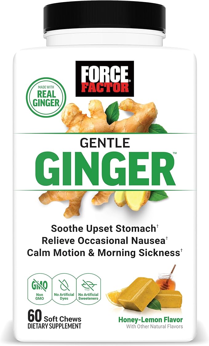 FORCE FACTOR Gentle Ginger Chews for Nausea Relief, Motion Sickness, and Morning Sickness, Ginger Supplement with Vitamin B6 for Digestive Support, Non-GMO, Honey Lemon Ginger Flavor, 60 Soft Chews
