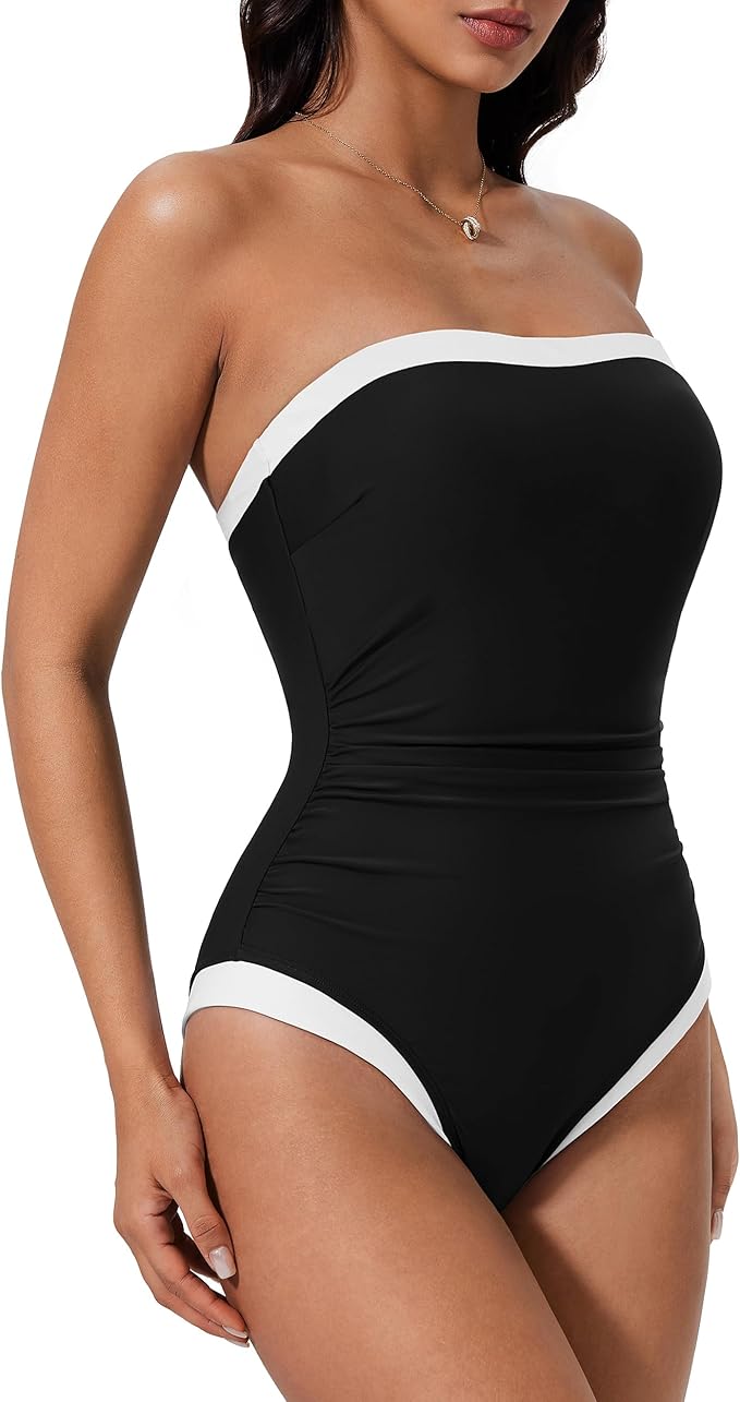 SUUKSESS Women One Piece Tummy Control Swimsuit Strapless Bandeau Bathing Suit