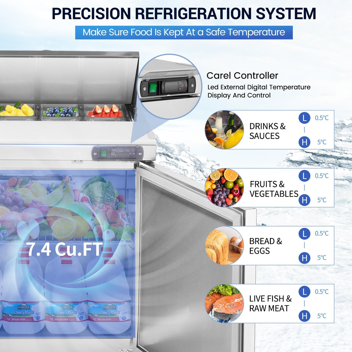 kalifon 27" W 1 Door Refrigerator Sandwich Salad Prep Table Commercial Stainless Steel Fan Cooling Refrigerator with Cutting Board, 1 Shelves & 8 Pans for Restaurant, Bar, Shop-7.4 Cu.ft