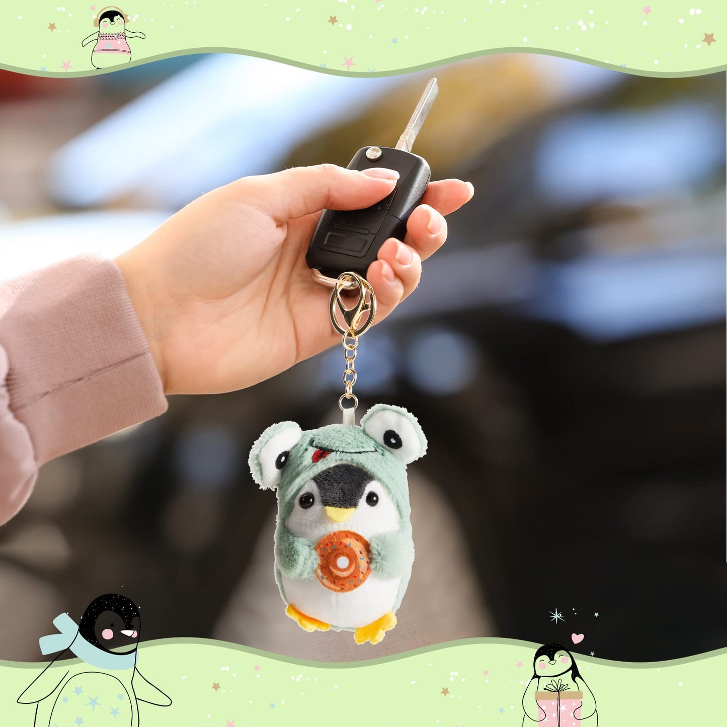 Kigeli 3 Pcs Cute Stuffed Penguin Keychain Plush Keychain Stuffed Animals Frog Bunny Dog costume Lovely Animal Pendant for Birthday Gift Backpack Car Key Decoration, 3 x 5.5 Inch