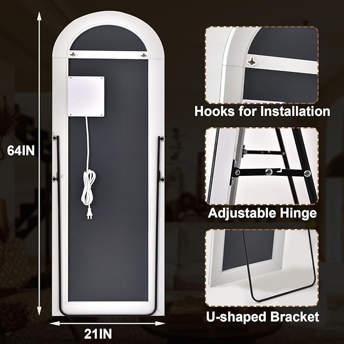 GLSLAND Arched LED Full Length Mirror 64" x 21" Arch Floor Body Standing Mirror with Lights Dimming Wall Mounted Hanging Floor Mirror for Bedroom