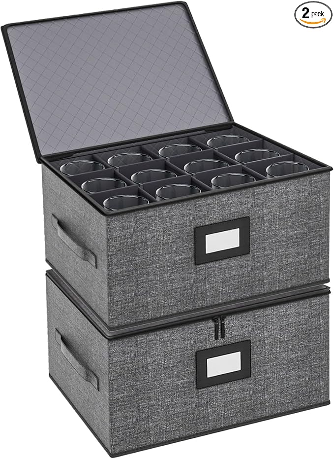 Aokeyee Wine Glass Storage Box Containers with Dividers - 2 Pack Stemware Storage Cases for 24 Crystal Glasses, Drinkware, Hard Shell for Moving & Protection(17'' x 13'' x 11'', Grey)