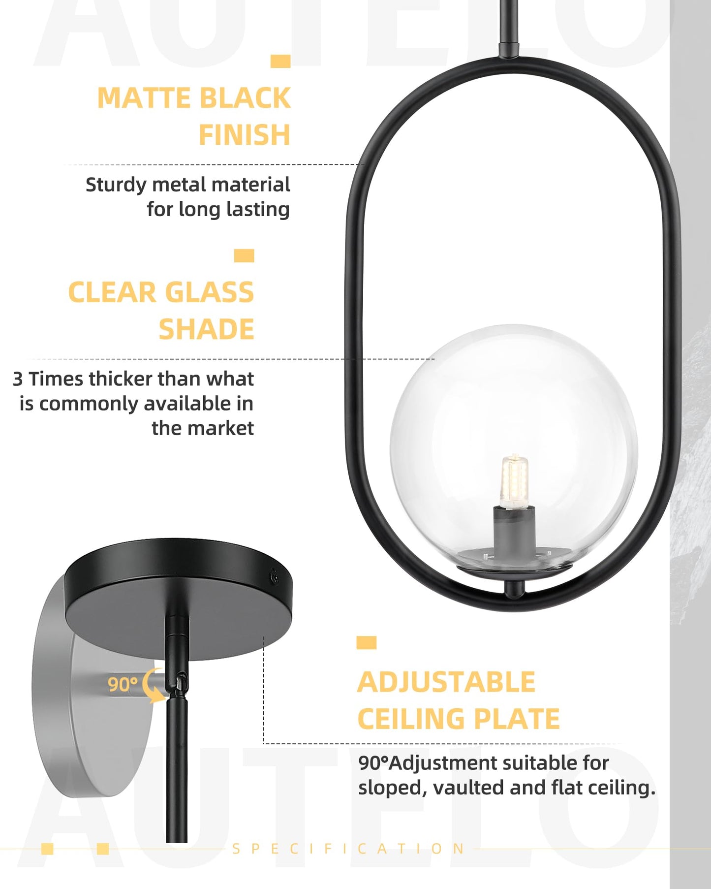 Autelo 1-Light Matte Black Pendant Lights Kitchen Island  Kitchen Pendant Lighting Over Island With Clear Globe Glass  Black Hanging Lamp With Adjustable Rod For Kitchen Island H9376 Clbk
