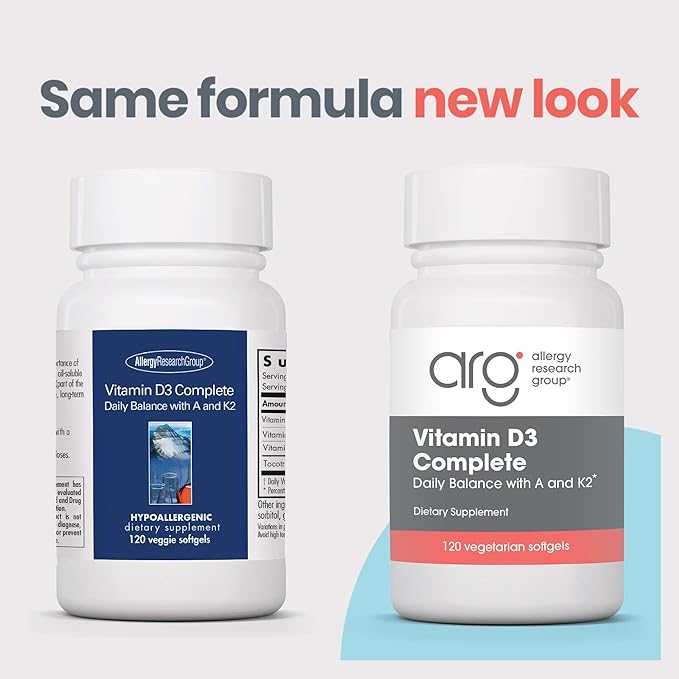 Allergy Research Group Vitamin D3 Complete - Vitamin D3 and K2 Supplement, Daily Balance, with Vitamin A, DeltaGold Tocotrienols, High Potency, Veggie Softgels - 120 Count