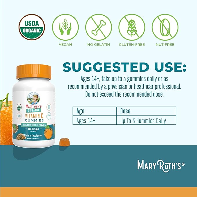 MaryRuth Organics Adult Vitamin C Gummies | USDA Organic | Vegan Chewable Vitamin C Gummies for Ages 4+ | for Immune Support & Overall Wellness | Vegan | Non-GMO | Orange Flavor | 60 Count