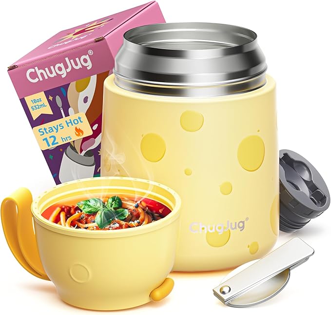 Thermo for Hot Food for Adults Kids | Wide Mouth, 18 oz Insulated Food Jar with Spoon, Leakproof Soup Thermo for School Office Travel, Thermal Steel Lunch Container Easy to Carry (Yellow)