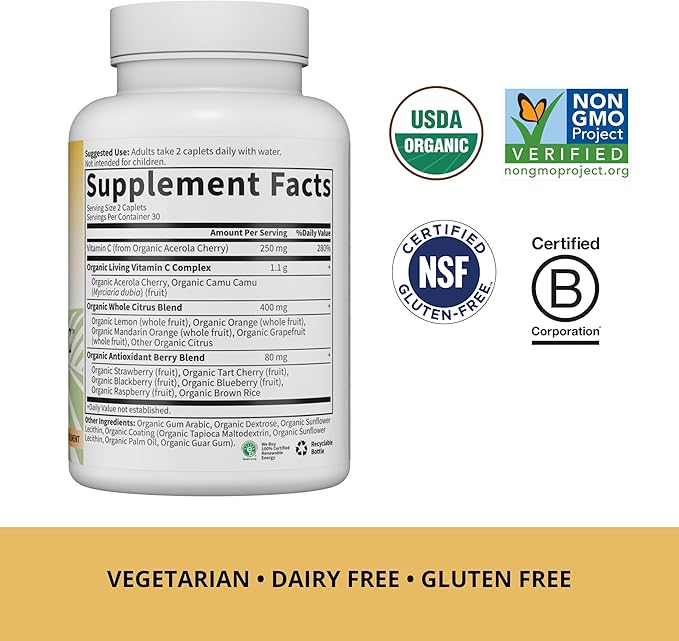 Garden of Life Vitamin C for Adults with Antioxidants & Citrus Bioflavonoids - Now Certified Organic - Living Vitamin C, Non-GMO Whole Food Vegetarian Nutritional Supplement, 60 Count (30 Day Supply)