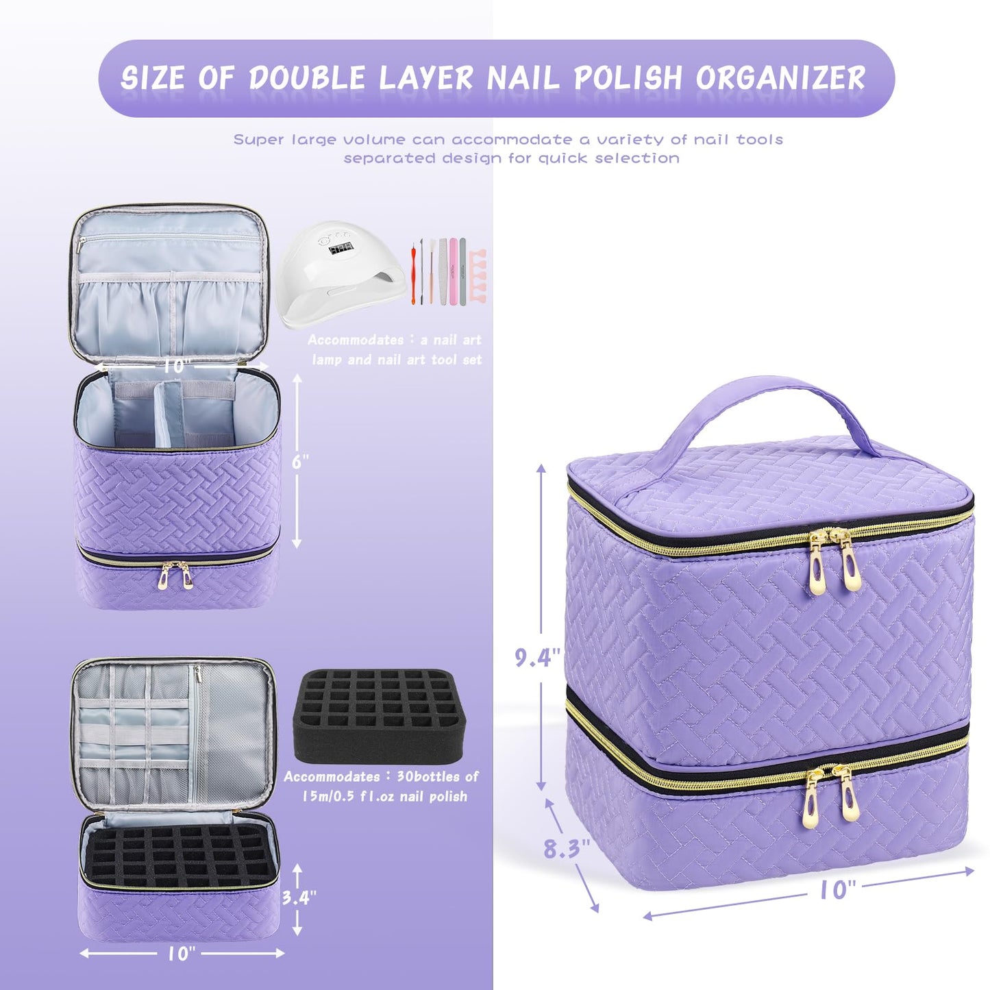 RZMAYIS Nail Polish Carrying Case Bag-Holds 30 Bottles, Double-Layer Nail Polish Storage and Nail Dryer Case
