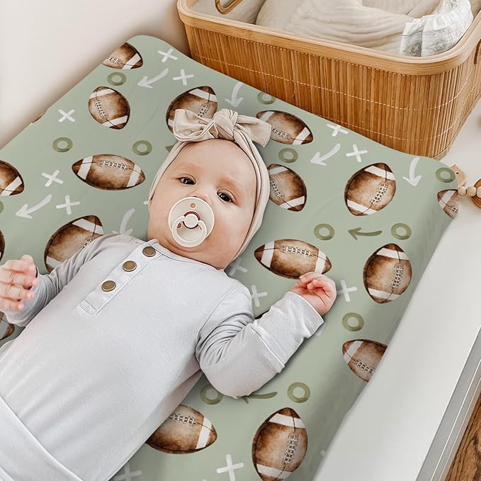 HawSkgFub Football American Sport Changing Pad Cover for Baby Boys, Green Football Game Diaper Change Table Covers, Ultra Soft Stretchy Breathable Safe Snug Fitted Changing Mat Sheet Fit 32"/34" x 16"