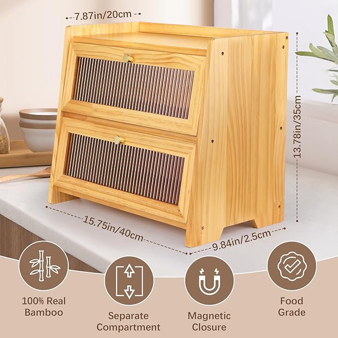 Bread Box For Kitchen Countertop, Corner Breadbox, Bread Boxes for Kitchen Counter Organizer Decor Storage, Wooden Storage Box Breadbox, Housewarming Birthday Wedding Christmas Gift