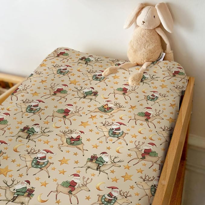 Cute Christmas Santa Claus Reindeer Baby Changing Pad Covers for Boy Girl Vintage Santa Gifts Stars Moon Fitted Changing Table Mats Winter Holiday Festive Soft Diaper Change Table Sheets 32''×16''