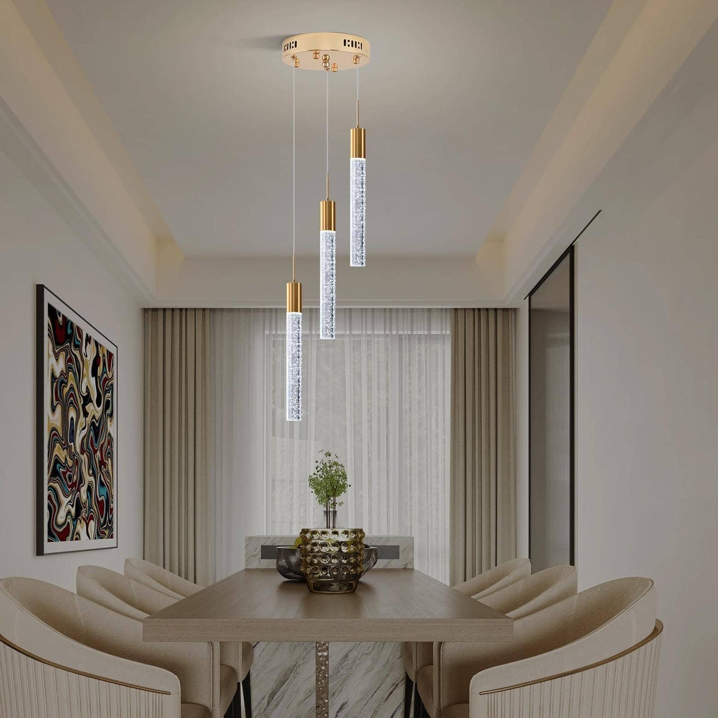 Upfelw Modern Crystal Chandelier 3-Lights  Spiral Led Raindrop Kitchen Island Pendant Lighting  Bubble Foyer Dinimg Room Hanging Light Fixture Remote Control Gold