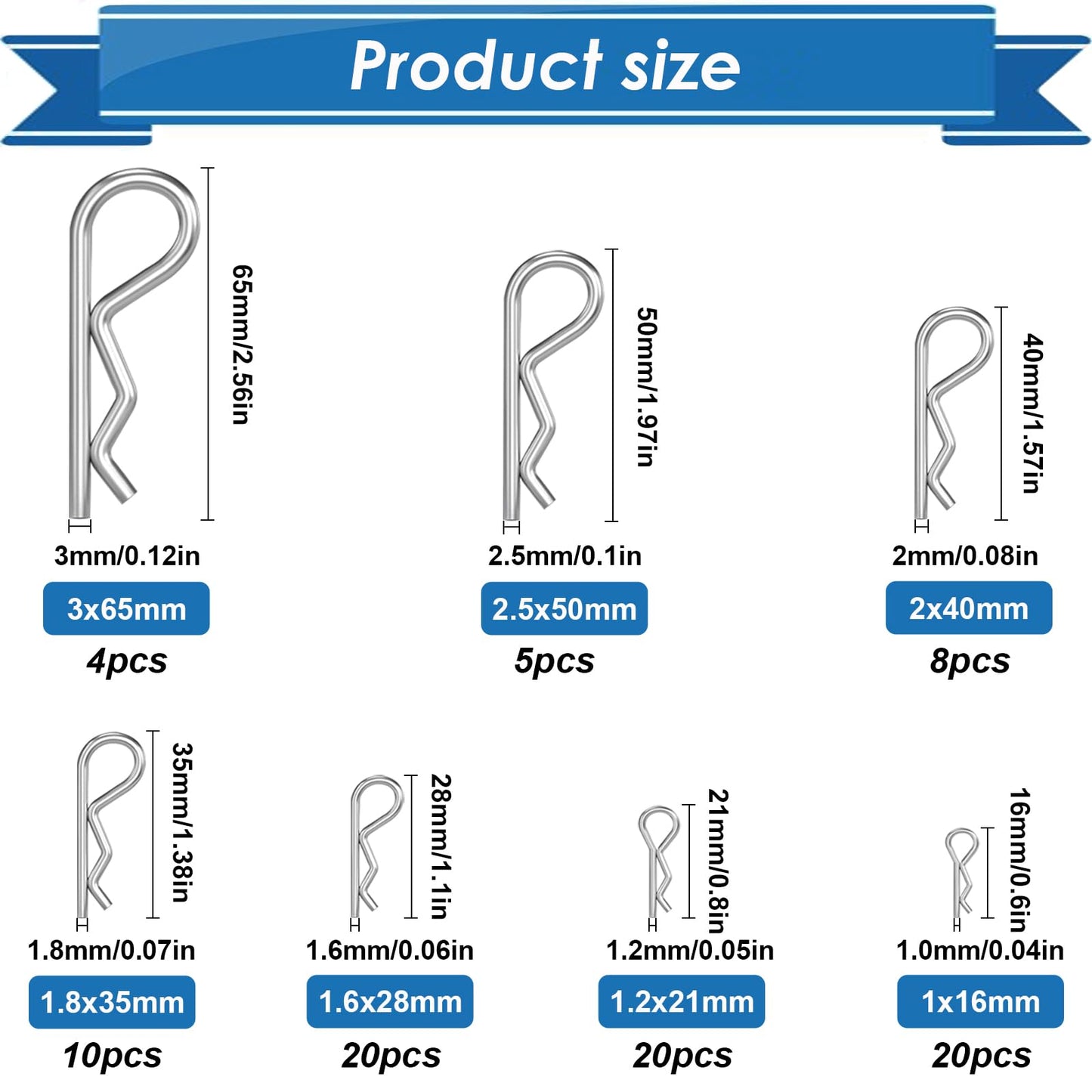 Eoppen Cotter Pin Assortment Kit - 304 Stainless Steel 13 Sizes Cotter Pins & R Clips Cotter Pin Set for Hitch Pin Lock Systems