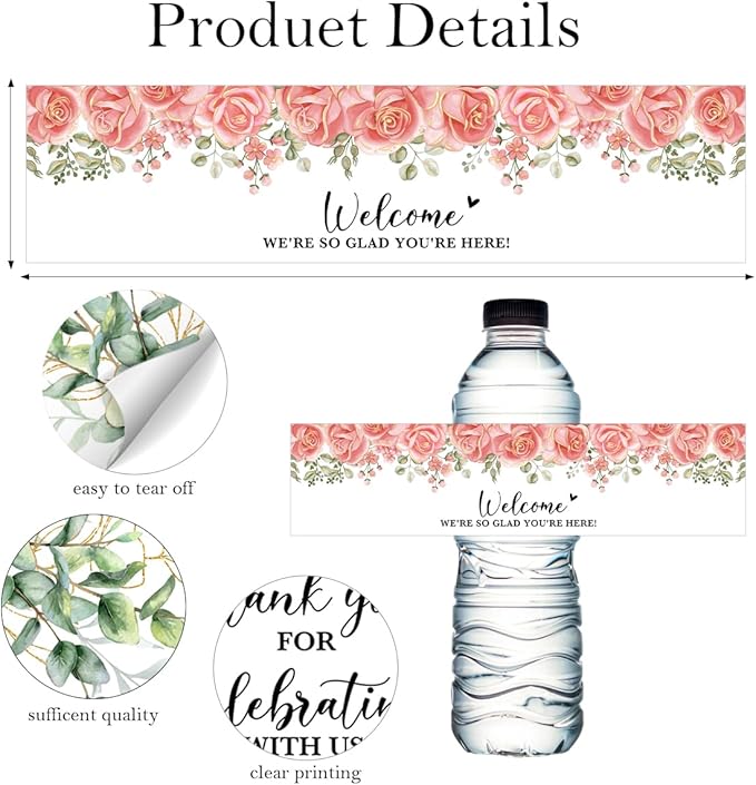 100PCS Wedding Water Bottle Labels Waterproof Greenery Floral Wraps Sticker for Water Bottle Baby Shower Bottle Label for Bridal Shower Party Welcome A01