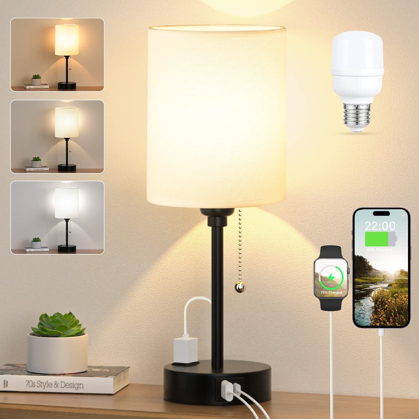 Dicoool Small Bedroom Lamps with USB Ports, 3 Color Temperatures 2700K/3500K/5000K, White, Model 15-1, Black Metal Base
