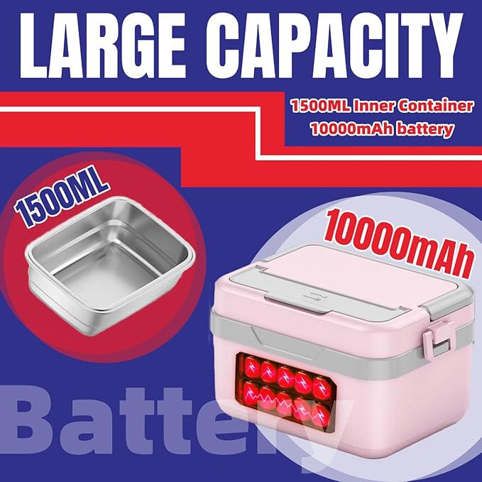 Cordless Electric Lunch Box, Heated Portable Food Warmer with 10000mAh Battery, 1L/1.5L Capacity, 3-Modes for Office Car Travel