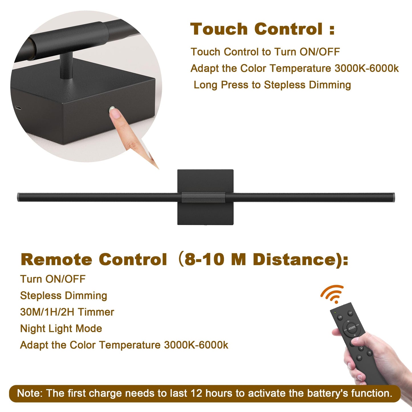 Gift4U Wall Sconce Set of Two, 31.5 Inch, Battery Operated, USB Rechargeable, Remote Control, Dimmable LED, Black