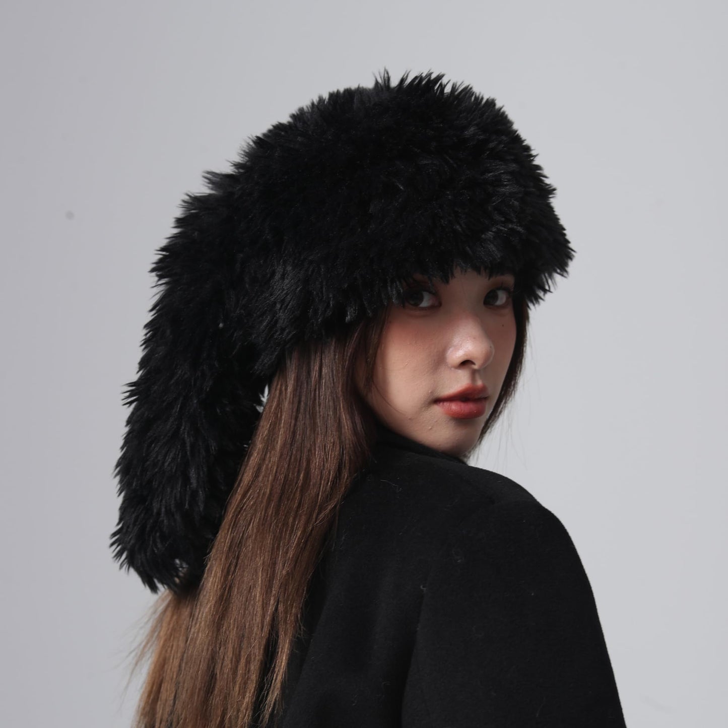Furry Beanie Bunny Ears Hat Fluffy Warm Hat Plush Slouchy Beanies for Indoor and Outdoor (Black)