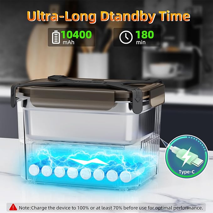Cordless Electric Lunch Box, 1.2L Self Heating Lunch Box Battery Powered with Automatic Heating, BPA Free, Meal Prep Friendly (Black)