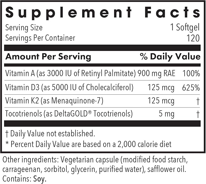 Allergy Research Group Vitamin D3 Complete 5000 IU - Vitamin D3 and K2 Supplement, Daily Balance, with Vitamin A, DeltaGold Tocotrienols, High Potency, Veggie Softgels - 120 Count