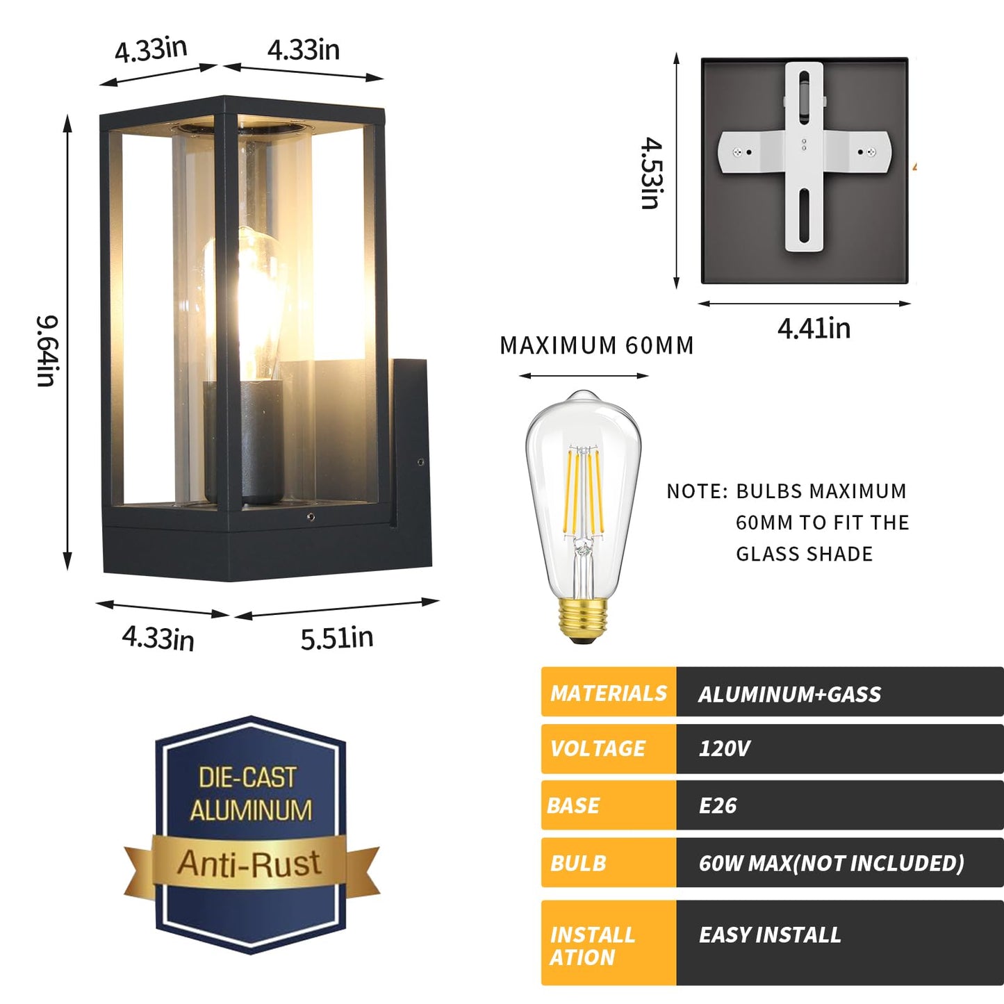 Dandray Outdoor Light Fixture Wall Sconce  Anti-Rust Porch Lights  Aluminum Exterior Lighting Fixtures  Waterproof Wall Sconce Lantern Lamp Patio  Garage  Doorway  Entryway