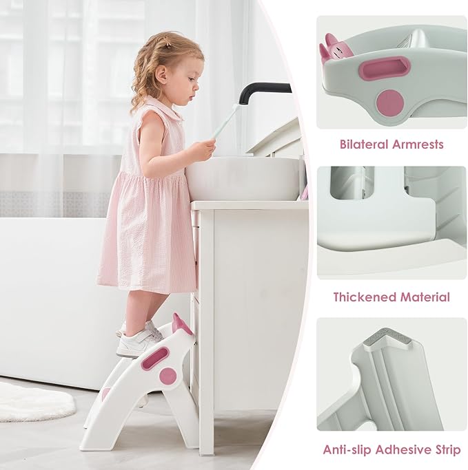 Toddler Step Stool Foldable 2 Step Stool for Kids Collapsible Anti-Slip Stepping Stool for Bathroom Sink Potty Toilet Toddler Kitchen Stool Helper (Pink)