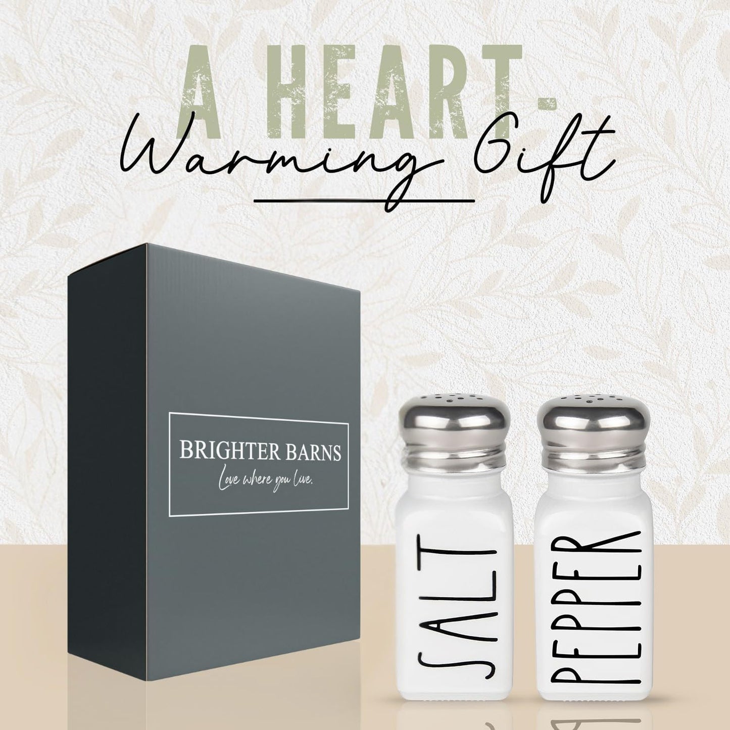 White Salt and Pepper Shakers Set by Brighter Barns - Neutral Minimalist Kitchen Decor - Modern Farmhouse Kitchen Decor - Cute Glass Shakers for Home Restaurants Weddings & Stainless Steel Lid (White)