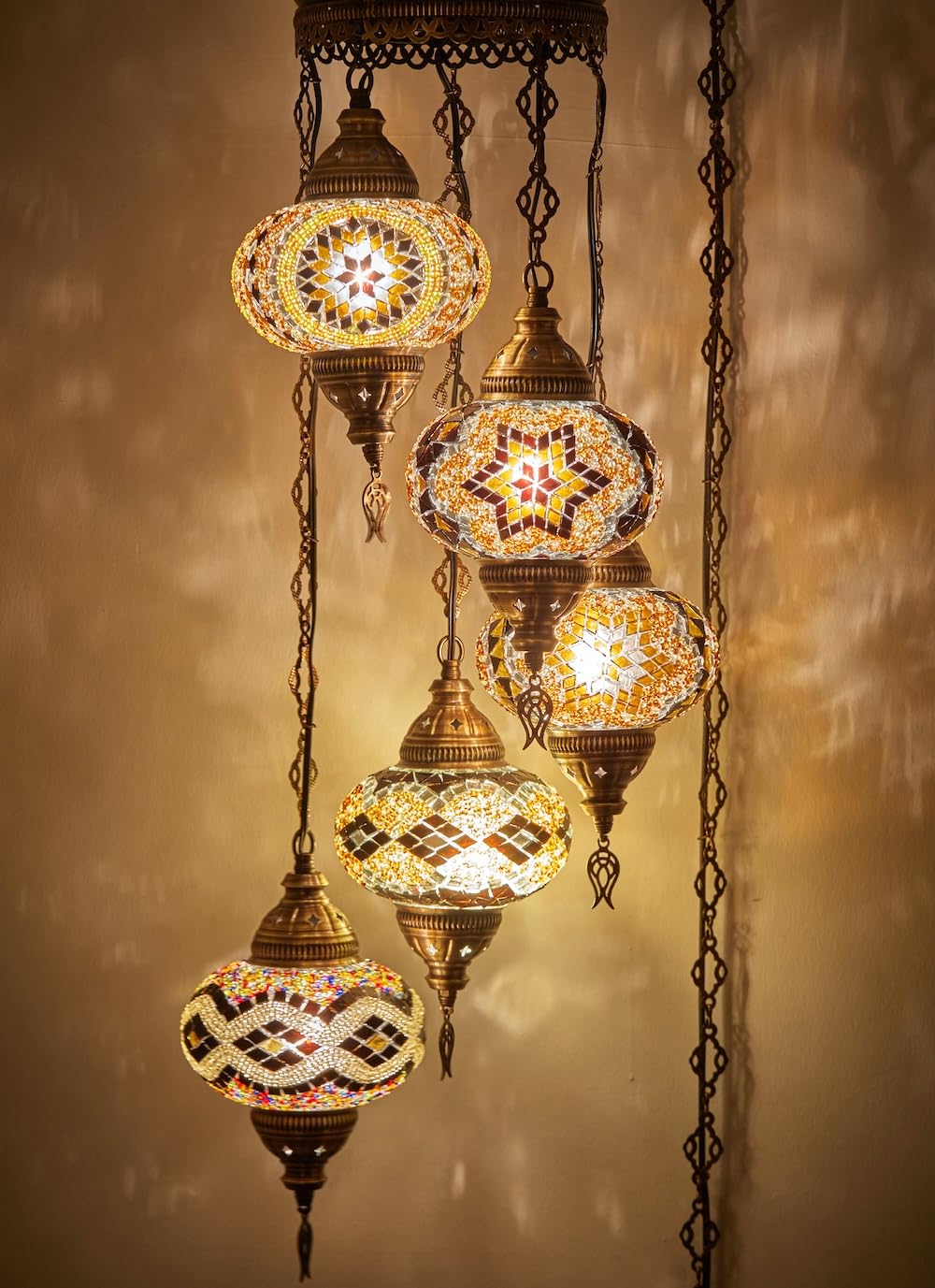DEMMEX 7in  Moroccan Mosaic Chandelier Pendant Light, 15-ft Cord & Chain, Swag Style, Brown-Amber